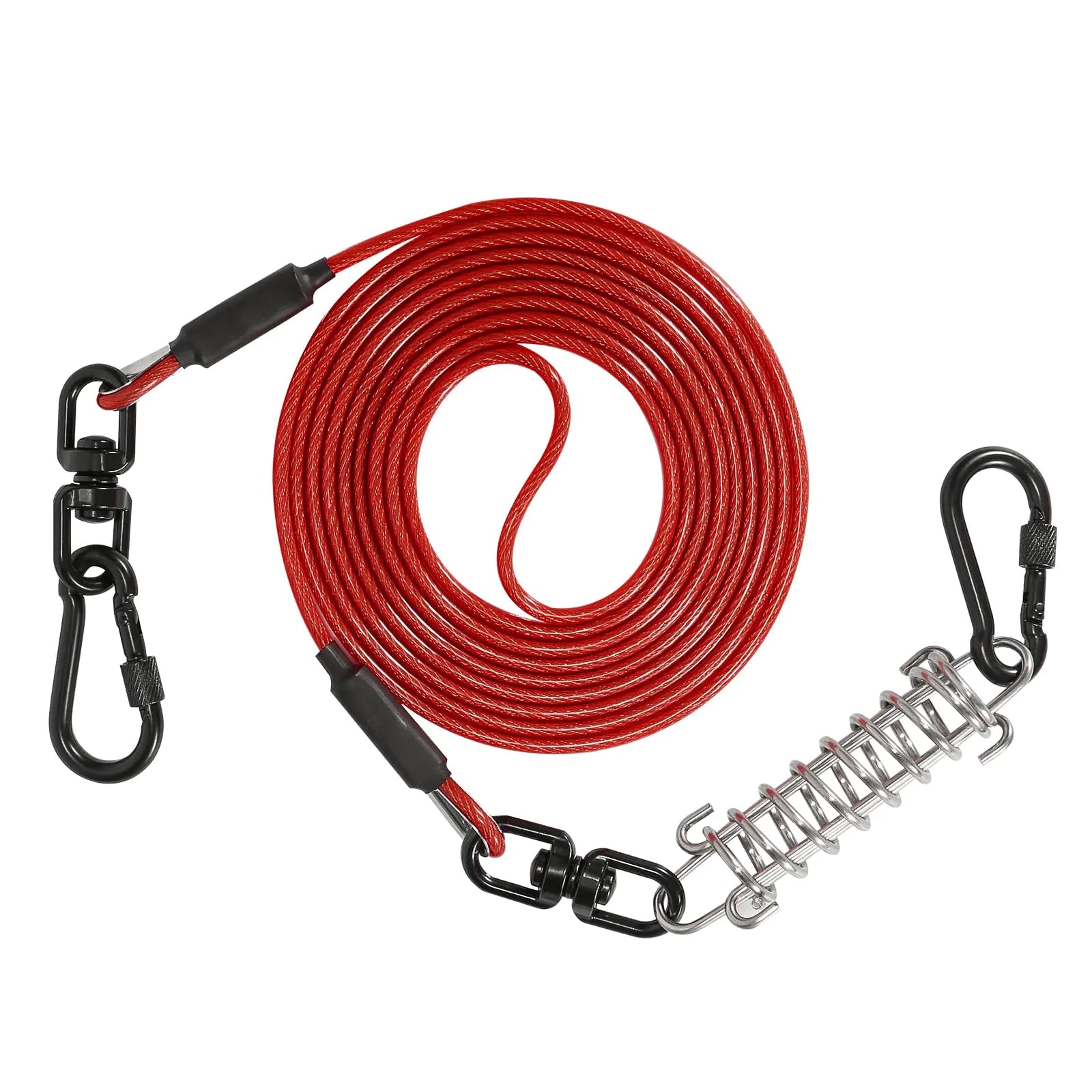 Sisifish Pet Tie Out Cable for Dogs Dog Tie Out Cable Dog Runner Cable with Swivel Hook and Shock Spring Dog Leash Run Tether for Yard Outdoor and Camping (Red 4MM*15FT)