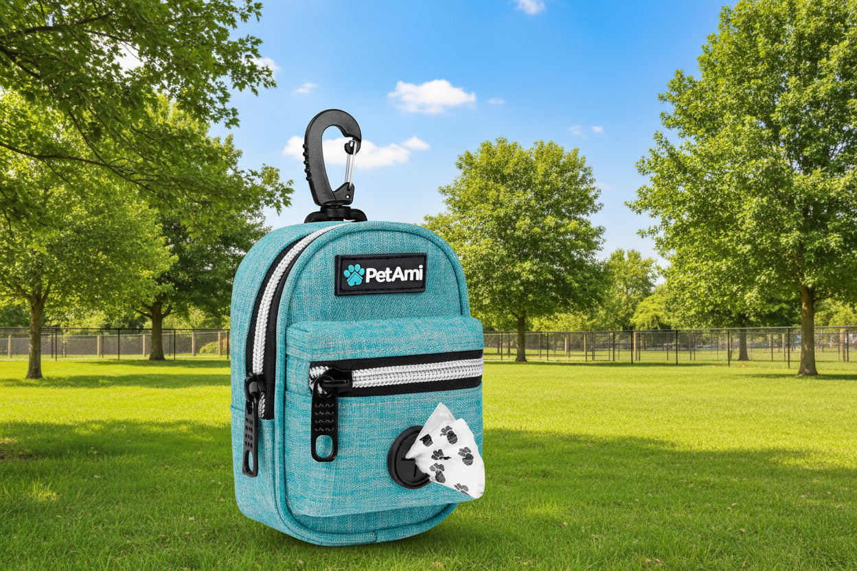 PetAmi Dog Poop Bag Holder For Leash Dog Pet Waste Bag Dispenser For Poop With Clip For Doggie Puppy Walking Accessories Travel Camping Dog Treat Pouch Supplies Must Have With Doggy Bag Roll Blue