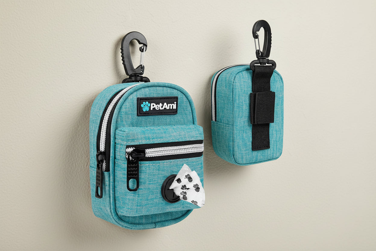 PetAmi Dog Poop Bag Holder For Leash Dog Pet Waste Bag Dispenser For Poop With Clip For Doggie Puppy Walking Accessories Travel Camping Dog Treat Pouch Supplies Must Have With Doggy Bag Roll Blue